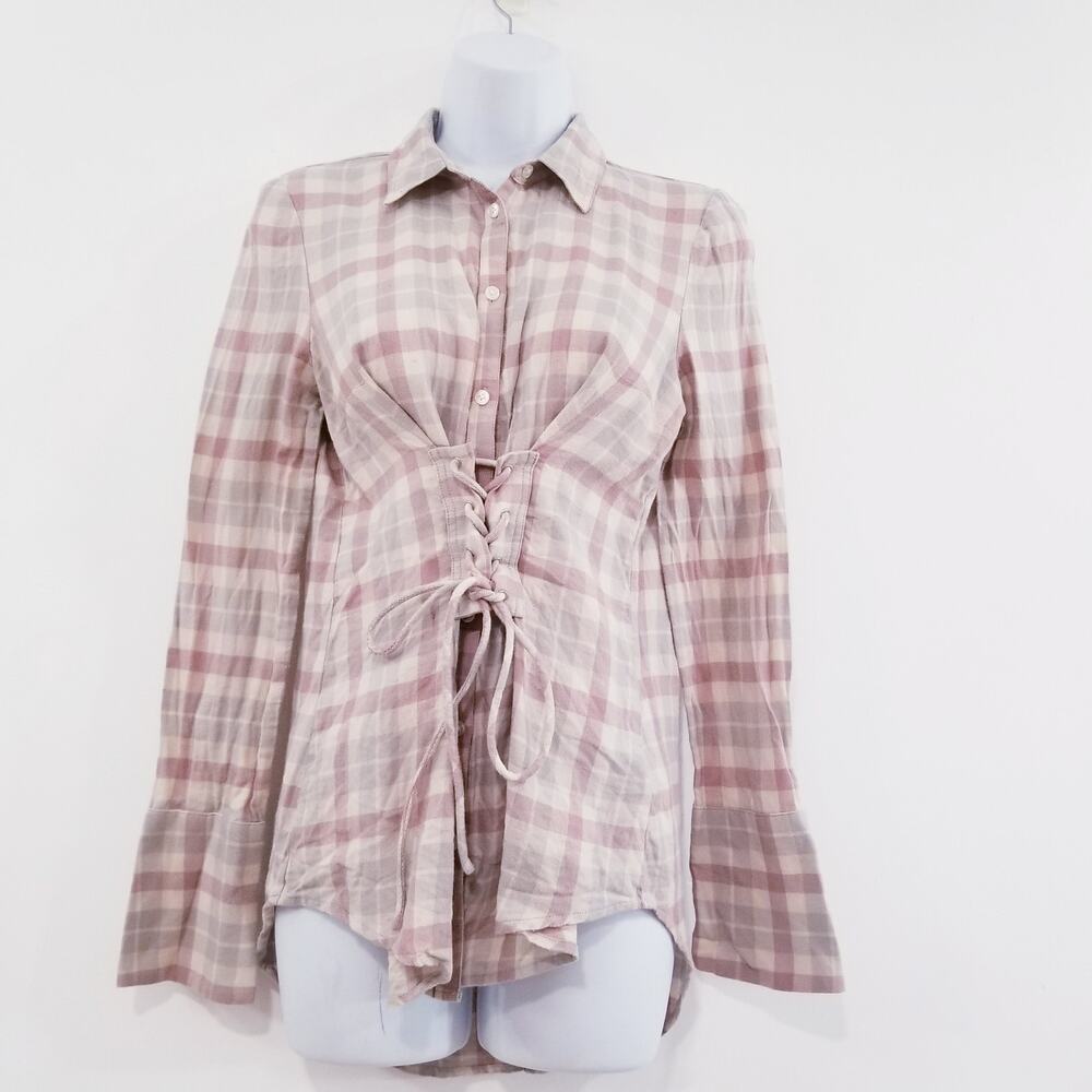Express Plaid Flannel Lace Up Coreset Button Down Shirts